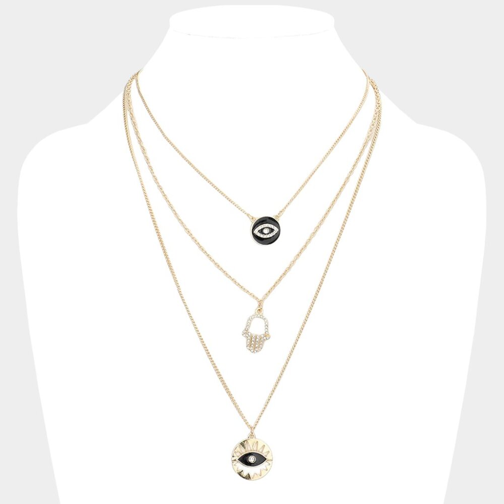 Enamel Rhinestone Embellished Evil Eye Hamsa Hand Pendant Triple Layered Necklac